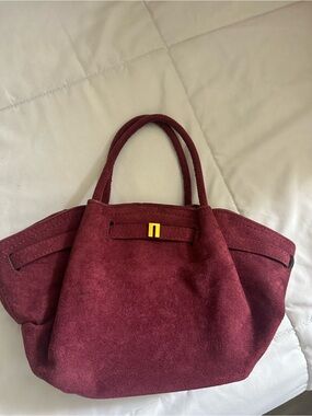 Burgundy Suede Tote Bag with Gold Accent